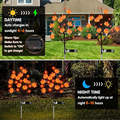 2 Pack Thanksgiving Decorations Lights Fall Decor Solar Lights Outdoor with 3D Maple Pumpkin, 8 Modes Fall Thanksgiving Lights Outdoor Solar Lights Waterproof for Yard Decor