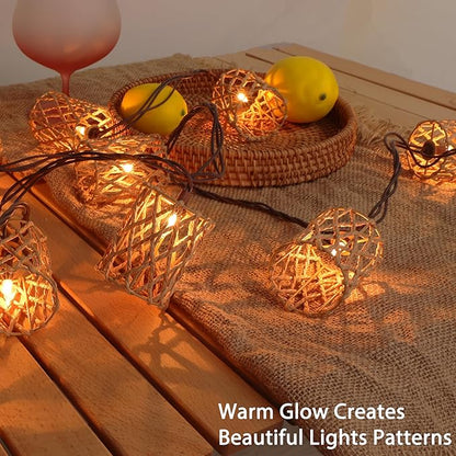Decorative String Lights Plug in with 10 Incandescent Bulbs, Handwoven Rattan Cylinder-shaped Boho Lantern String Lights Connectable Weatherproof Outdoor Indoor for Bedroom Patio Pergola Decor (Beige)