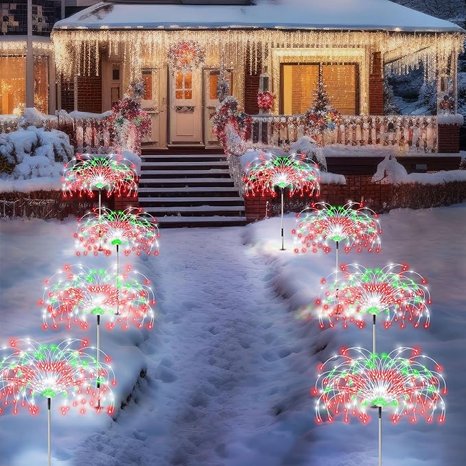 Enhon 4 Pack Plug in Christmas Pathway Firework Lights, 1440 LED Waterproof Xmas Garden Starburst Stake Lights with 8 Modes for Driveway Walkway Yard Lawn Patio Decorations(Red, Green, White)