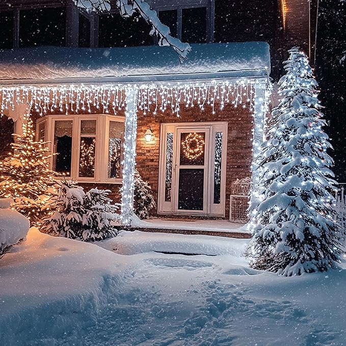 Dazzle Bright Christmas Icicle Lights, 88.5 FT 1080 LED 8 Modes Curtain Fairy Lights with 180 Drops, Xmas String Lights for Outdoor Holiday Wedding Party Decorations (White) (Pack of 2)