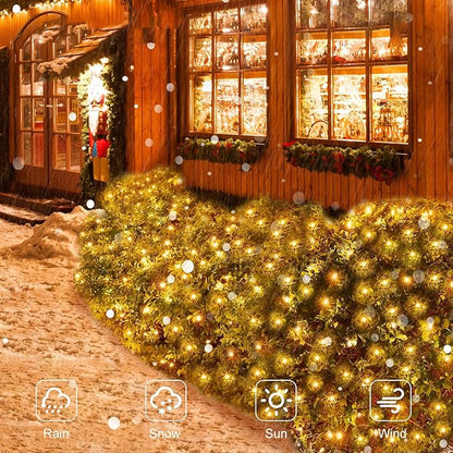 Solar LED Net Lights 9.8 x 6.6Ft, 200 LEDs Net Mesh Lights, Solar Outdoor Bush Mesh Light Dark Green Cable with 8 Modes for Trees Bushes Garden Yard Decoration - Warm White
