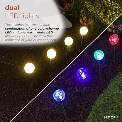 Alpine Corporation 15" H Outdoor Solar Glass Ball Pathway Lights with Color Changing LEDs, Silver - Set of 4