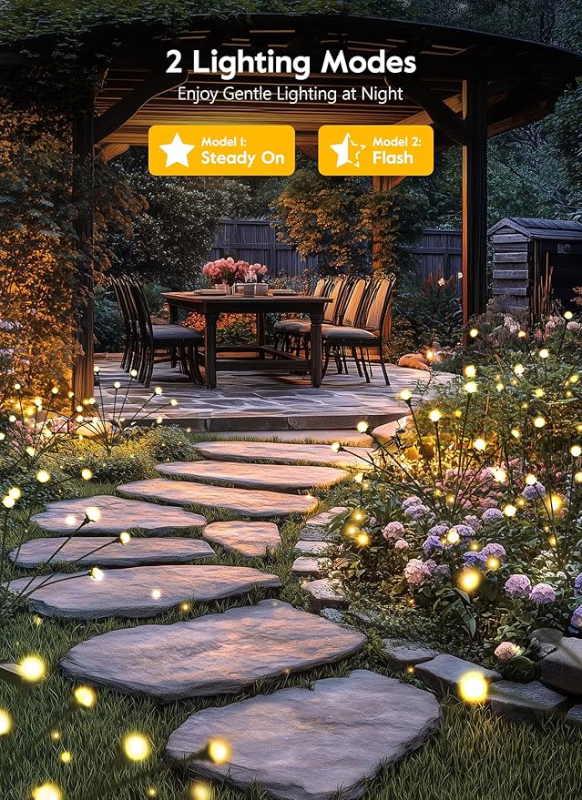 Brightown Solar Garden Lights - 4 Pack 48 LED Firefly Lights with 2 Lighting Mode, Sway by Wind, Waterproof Solar Light for Outdoor Outside Yard, Warm White