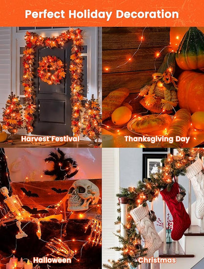 2 Pack Orange Solar Fairy Lights Outdoor,Each 33ft 100 LED Solar Powered Halloween String Lights,Waterproof Copper Wire Twinkle Light for Thanksgiving Christmas Trees Party Yard Decor