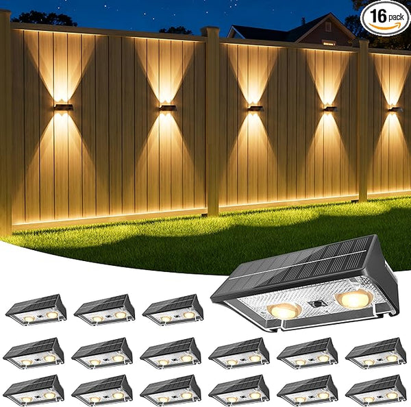 NIORSUN Solar Fence Lights Outdoor, 16 Pack Up and Down Waterproof Solar Wall Lights, Fence Lights with Lens, Warm | Lumora