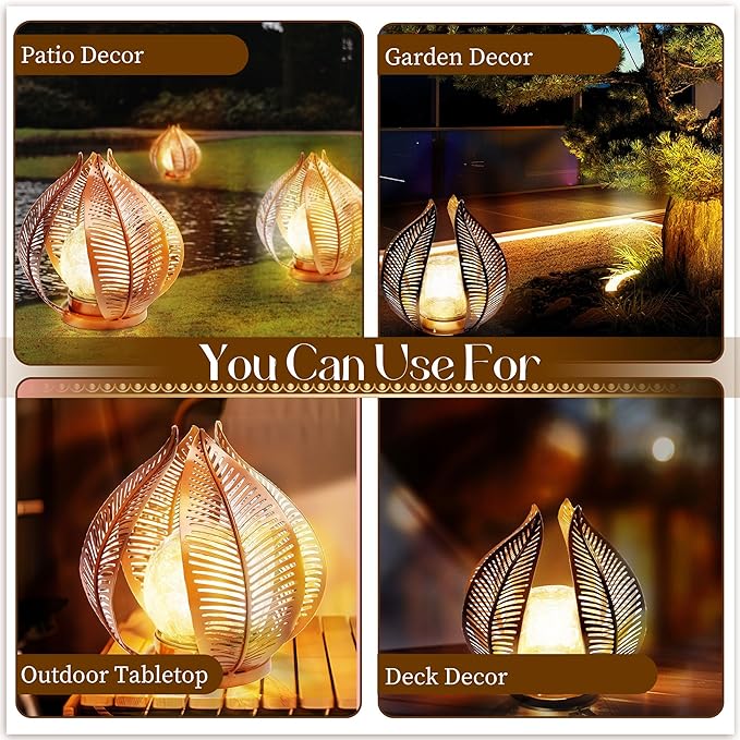 HPC Decor Solar Light Outdoor Garden, Crackle Globe Glass,Metal Palm Leaf Solar Light for Outside, Pathway Lights Waterproof LED Outdoor for Patio,Yard,Porch Decor,Gardening Gifts for Women/Mom.