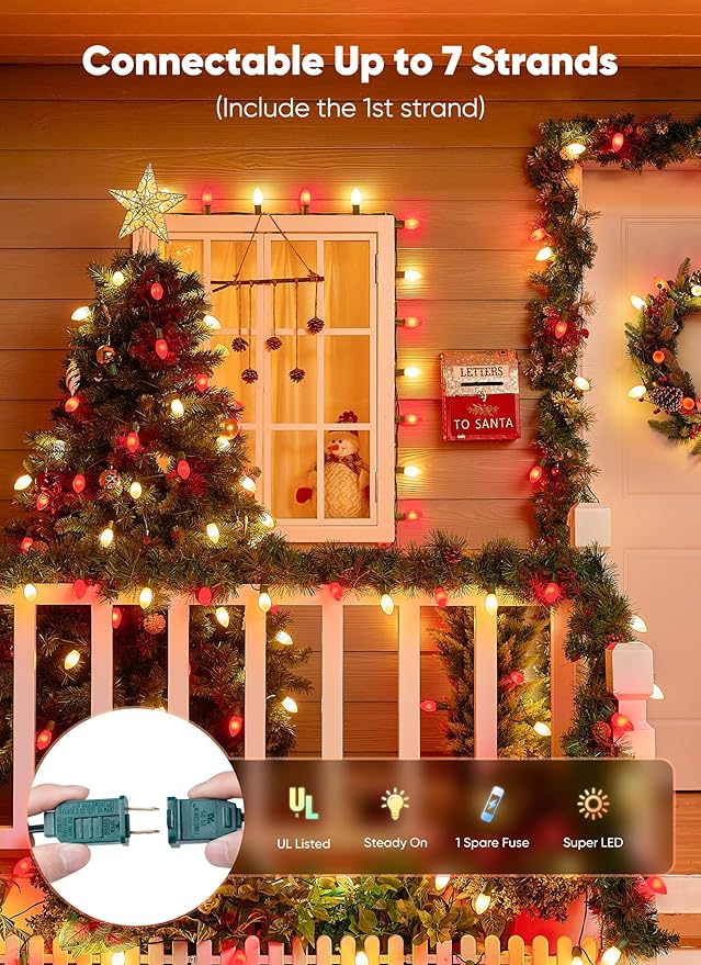 C9 LED Christmas Lights Outdoor, 100 Feet C9 String Lights with 100 Shatterproof Matte Bulbs, Connectable | Lumora
