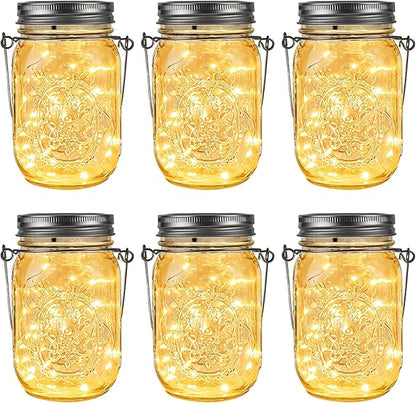 GIGALUMI Hanging Mason Jar Solar Lights, 6 Pack 30 Led Tinplate Lids Hanging Solar Lanterns Outdoor Waterproof, Hangers and Jars Included, Outdoor Decor for Balcony, Garden, Patio, Yard, Wedding