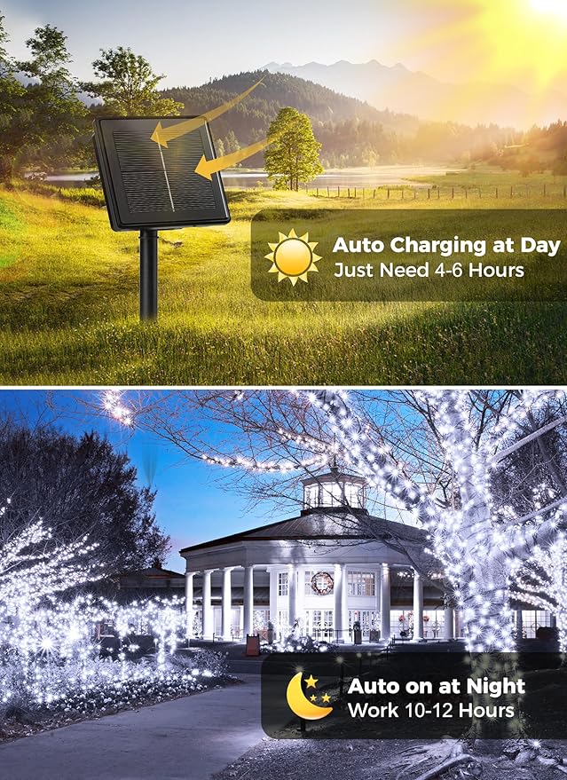 Solar Lights Outdoor Waterproof, 2 Pack Total 144FT 400 LED Solar Powered String Lights with 8 Lighting Modes, Solar Patio Lights, Solar String Lights for Outdoor Outside Tree Balcony, Pure White