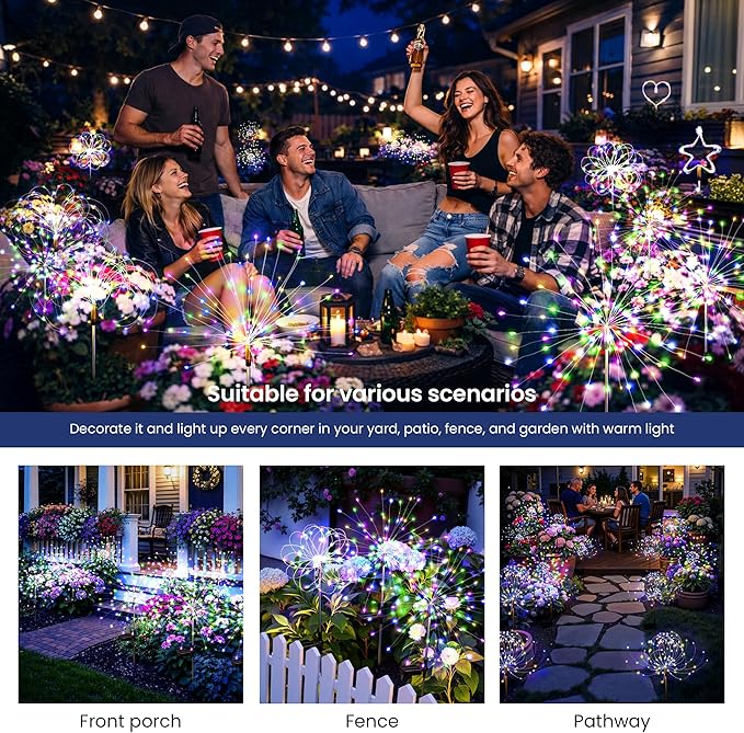 Solar Lights Outdoor, 120LED 2pack Fairy Garden Lights Decor for Outside Fireworks Lights Solar Powered for Yard, Patio, Pathway, Walkway, Balcony,Multicolor