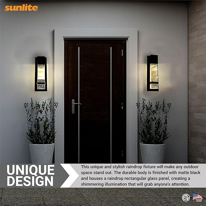 Sunlite LED Outdoor Raindrop Wall Sconce Light Fixture, 12 Watts (60W=), 600 Lumens, Color Selectable 30K/40K/50K, Dimmable, 120 Volts, ETL Listed, Black, for Patios, Garage & Entryway Use