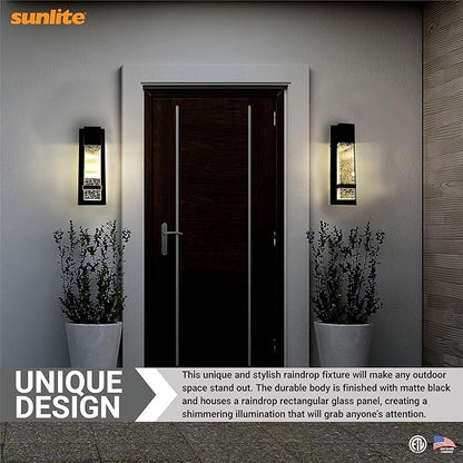 Sunlite LED Outdoor Raindrop Wall Sconce Light Fixture, 12 Watts (60W=), 600 Lumens, Color Selectable 30K/40K/50K, Dimmable, 120 Volts, ETL Listed, Black, for Patios, Garage & Entryway Use