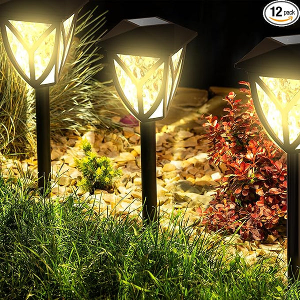 Ensenior 12-Pack Solar Lights Outdoor, 16.77" 3000K LED Solar Garden Lights for Pathway, Yard, Patio, Walkway | Lumora