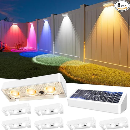 Solar Fence Lights Outdoor, 8 Pack, 9 Fixed Colors ＆ Color Changing LED Light Solar Powered Waterproof IP65 Dusk-to-Dawn Vinyl Fence Lights for Patio, Railing, Pool, Porch, Backyard, Wall
