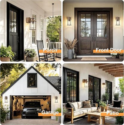OKELI Upgraded Porch Lights with GFCI Outlet-Motion Sensor & Dusk to Dawn Outdoor Light Fixture,3 Lighting Modes Waterproof Anti-Rust Faux Wood Grain Outdoor Lights for House Porch Garage (2 Pack