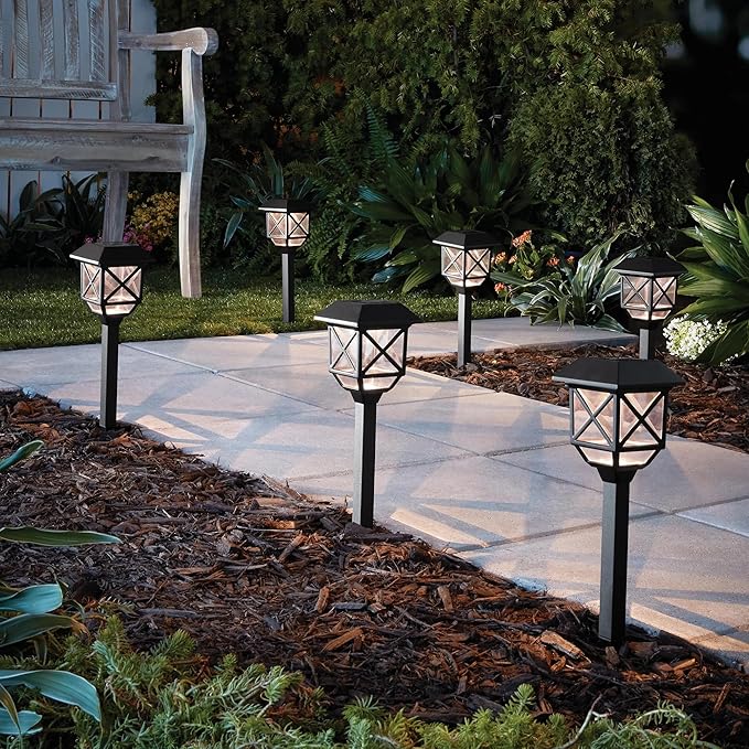 6-Pack Solar Powered Black Square 8 Lumens LED Landscape Pathway Lights with Plastic Lens – Outdoor Use