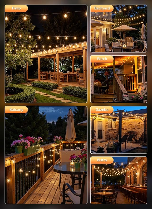 Brightown Outdoor String Lights, 37FT Shatterproof LED Patio Lights with 11 Dimmable Plastic G40 Bulbs, 2700K | Lumora