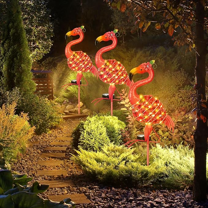 2 Pcs Flamingo Solar Lights Flamingo Yard Decorations Outdoor 32.48'' H Summer Waterproof LED Solar Lamp Pink Warm White Metal Garden Housewarming Gifts for Lawn Patio Pathway Landscaping