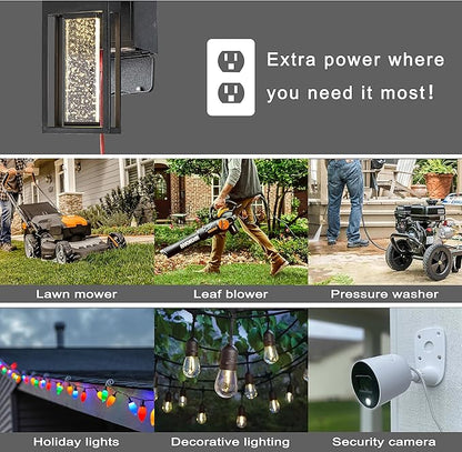 ALOADECOR 1 Light LED Modern Matte Black Dusk to Dawn Sensor Outdoor Wall Lantern Coach Sconces with Seed Glass and Built-in 2 GFCI Outlets Exterior Wall Mount Light for Garden Patio Front Door