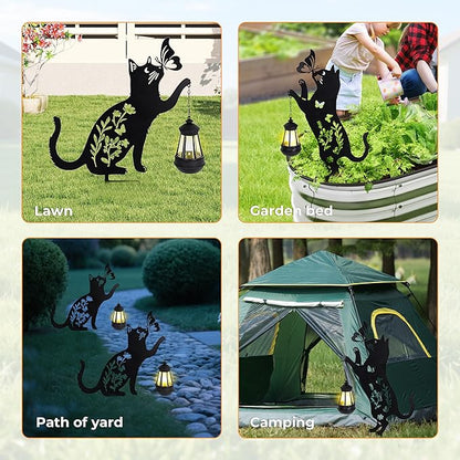 Cat Solar Lights Outdoor Garden, 2 pcs Lantern Stakes Decorative Black Ornament with Butterfly,Metal Garden Decor Art for Outside Lawn Yard Patio, Cat Yard Art Gifts for Halloween,Christmas