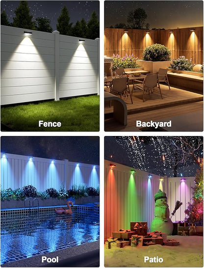 APONUO Solar Fence Lights Outdoor Waterproof, Fence Lights Solar Powered, 12 RGB Color Modes & Warm White & Cool White, Fence Solar Light Outdoor for Backyard, Patio, Yard, Wall, Deck（Black, 8 Pack）