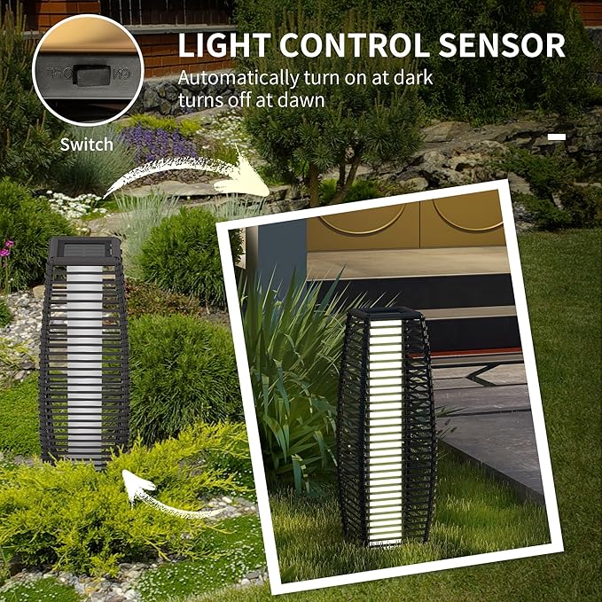 Outsunny Solar Floor Lamp, Outdoor Rattan Garden Lantern Pathway Light & Decorative Driveway Lighting with Auto On/Off LED Lights for Porch, Yard, Lawn, Courtyard, Deck, Gray
