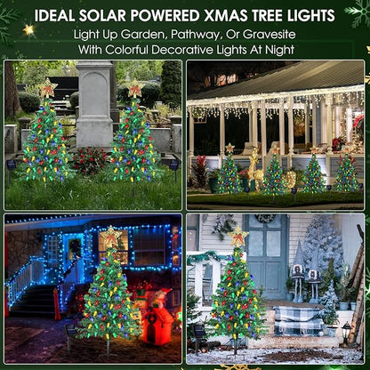 Solar Christmas Trees Decorations, Solar Powered Xmas Tree Lights Outdoor Waterproof with 50 LEDs and 8 Modes for Yard, Lawn, Pathway, Garden, Front Porch, Cemetery, Graveside Decor (2 Pack)