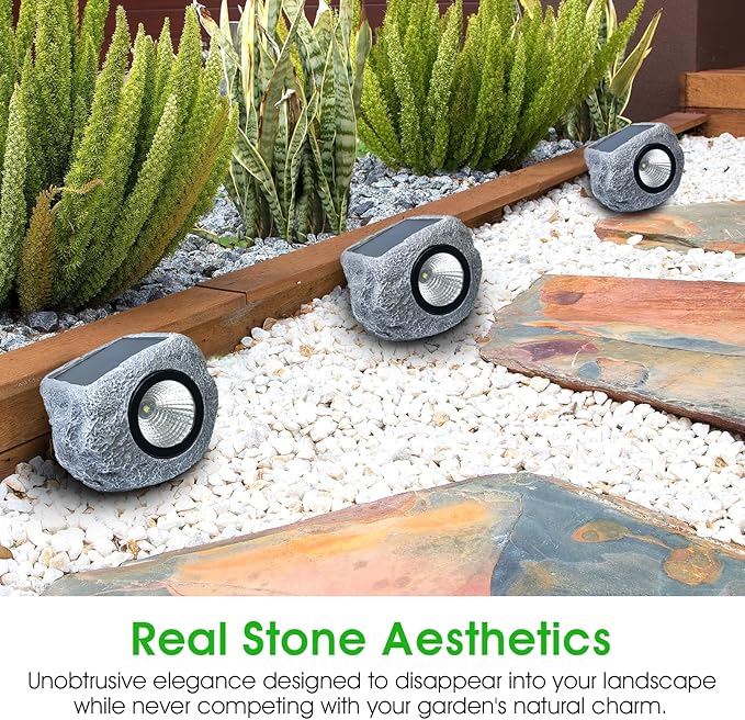 4 Pack Solar Garden Rock Lights Outdoor, 20 LM Bright White Spotlights with Auto On/Off, IP65 Waterproof 6000K Led Solar Powerd Landscape Stone Lights for Pathway Walkway Yard Patio