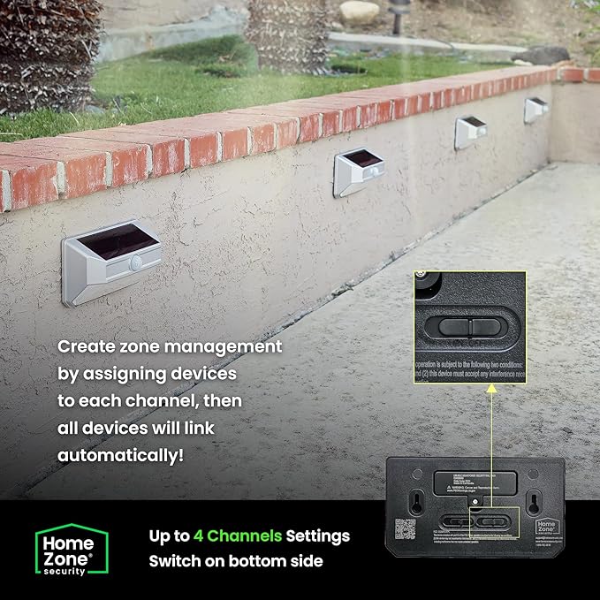 Home Zone Mesh Linkable Series 4-Pack Solar SMD LED Security Wall Pack Light, 800LM, Auto-Linking, 120°x26 ft Motion Detection, 3000K Warm White, Customizable 4-Channel Settings, Silver