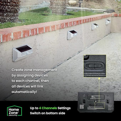 Home Zone Mesh Linkable Series 4-Pack Solar SMD LED Security Wall Pack Light, 800LM, Auto-Linking, 120°x26 ft Motion Detection, 3000K Warm White, Customizable 4-Channel Settings, Silver