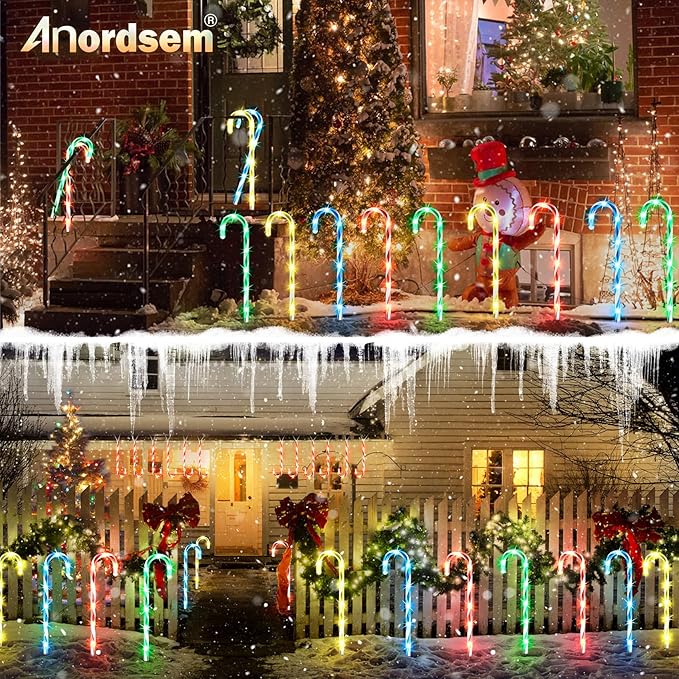 Anordsem Solar Christmas Decorations Outdoor: 12 Pack Candy Cane Stake Lights - 21" Waterproof LED 8 Colorful Lighting Models for Pathway Yard Patio Xmas Decor - 2026 New Year Gifts for Homeowners