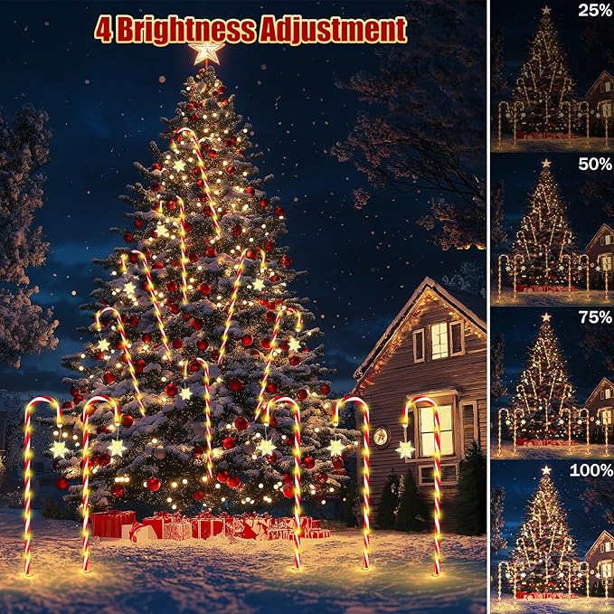 HELESIN Light Chain Candy Cane, 10 Pieces Raised Design Candy Sticks LED Outdoor, 110LED 12 Modes Candy Sticks Lighted, Waterproof Snowflake Christmas Lighting for Garden Christmas Decor
