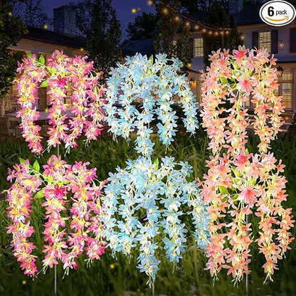 Neporal Solar Flowers Outdoor Waterproof IP65, 5 Lilac Flower Vines with 140+ Flowers, Warm Light & 2 Lightning Modes, 6PK Blue/Pink/Purple Solar Garden Lights Outdoor for Garden, Yard, Pathway Decor