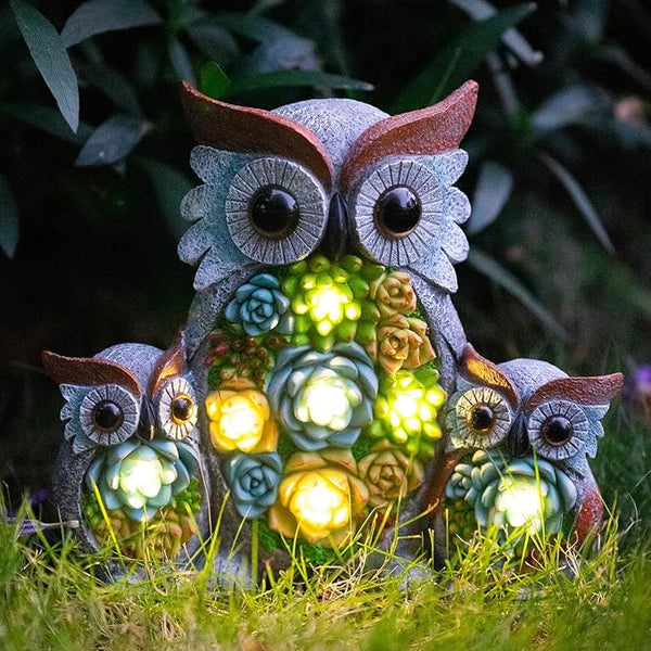 Solar Garden Statue Owl Decor – Cute Owl Family Figurines with LED Succulent Lights, Waterproof Outdoor Yard Art | Lumora