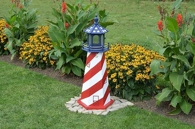 Amish-Made Patriotic Style Outdoor Lighthouse with Solar LED Light, 60" Tall