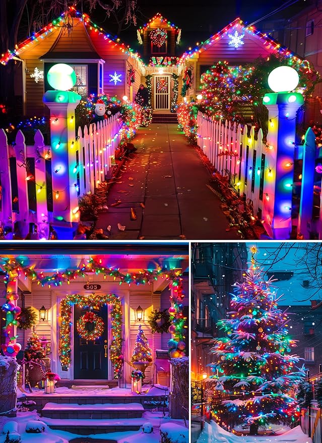 C9 Christmas Lights Outdoor, 50Feet Vintage Christmas String Lights with 50 Colored Bulbs, Connectable Waterproof Lights for Holiday Party Roofline Backyard Garden Patio, Green Wire (Multicolor)