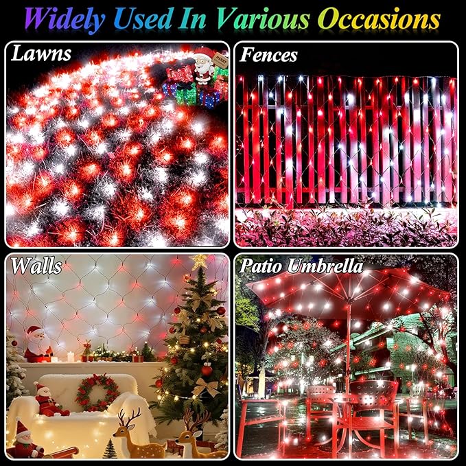 Lovelite Red White Net Lights Christmas Decorations, 21ft x 5ft 360LED Mesh Lights Outdoor Green Wire 8 Modes Timer, Waterproof Connectable String Lights for Bushes Xmas Tree Garden Holiday Party