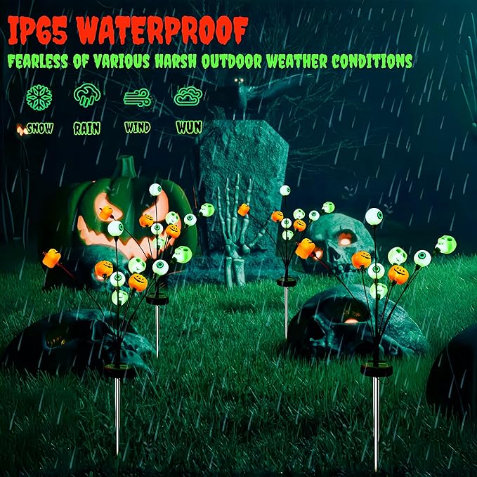 Halloween Decorations Outdoor Solar Scary Eyeball Lights,18LED Green Eyeball Swaying Firefly Lights,Waterproof Solar Halloween Path Lights for Yard Garden Lawn Party Decor(2pack)