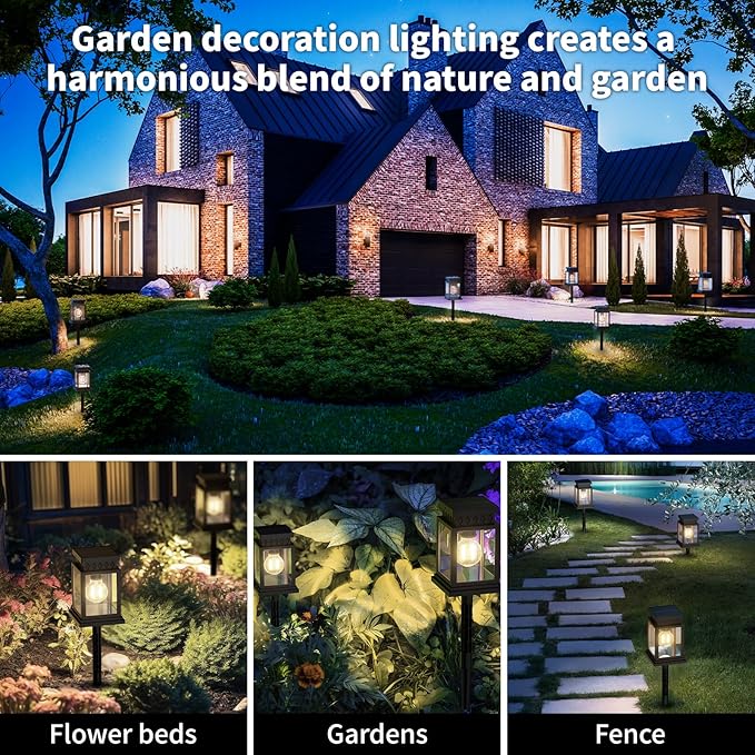 Bright Solar Pathway Lights Outdoor: 8x8cm Large Panel & 2000mAh Battery for Longer Lighting, Dual Power (Solar + Dry Cell), Waterproof Warm White Garden Yard Driveway Lights (4 Pack)
