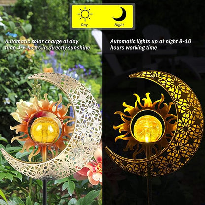 Solar Christmas Gifts Garden Statues Outdoor Decor, Moon Sun Figurine Light Stake, Housewarming Ornament for Patio, Lawn, Yard, Pathway - Unique Gift Ideas for Gardening Mom Grandma