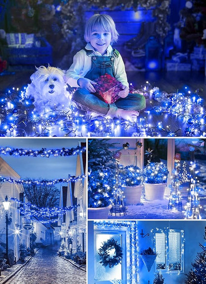 Minetom Solar Christmas Lights Outdoor Waterproof - 40FT 100 LED With 8 Modes - Decoration for Outside House, Tree, Party, Yard - Blue & Pure White