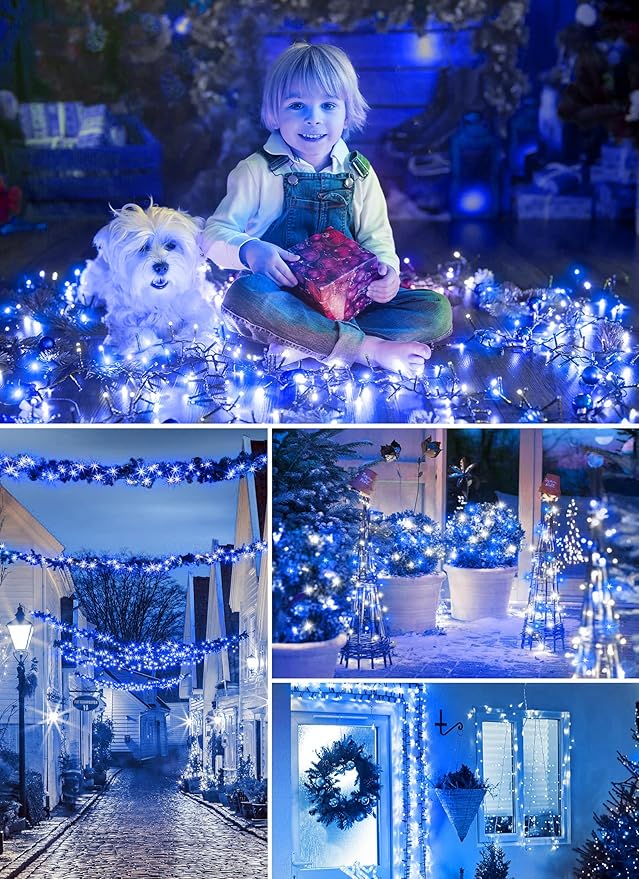 Minetom Solar Christmas Lights, 2 Pack Total 80FT 200 LED with 8 Modes, Outdoor Waterproof Decoration, Blue & Pure White