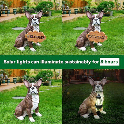Outdoor Boston Terrier Dog Statue with Interchangeable Welcome Sign and Detachable Solar Lantern –LED Light Garden Dog Sculpture Décor, Cute Puppy Design for Yard, Porch, Gift