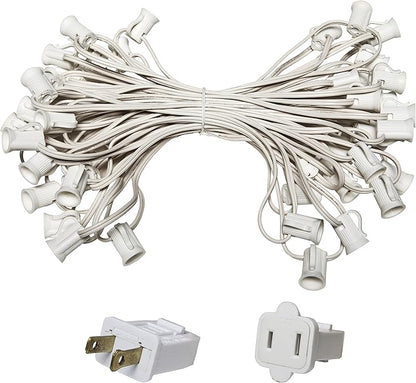 C7/E12 Light Stringer, E12 Sockets, 12” Socket Spacing, Outdoor String Light Patio Stringer Christmas Lights Stringer, Fits C7 Size Incandescent or LED Bulbs (50 ft / 50 Sockets, White Wire)