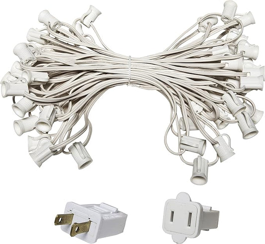 C7/E12 Light Stringer, E12 Sockets, 12” Socket Spacing, Outdoor String Light Patio Stringer Christmas Lights Stringer, Fits C7 Size Incandescent or LED Bulbs (50 ft / 50 Sockets, White Wire)
