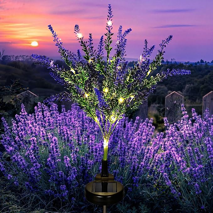 GIGALUMI Solar Garden Lights with Lavender, LED Garden Decor Carefree Solar Flowers Outdoor Waterproof, Yard Decorations Outdoor, Allergy-Free Everlasting Light up Flowers for Yard Patio (Set of 1)