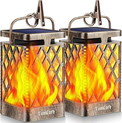 TomCare Solar Lights Outdoor Flickering Flame Solar Lantern Outdoor Hanging Lanterns Decorative Outdoor Lighting Solar Powered Waterproof LED Flame Lights for Patio Garden Deck, 2 Pack(Bronze)
