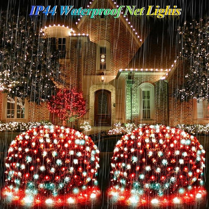 Lovelite Christmas Net Lights Red & White, 14.8ft x 5ft 300LED Mesh Lights Outdoor Green Wire 8 Modes Timer, Waterproof Connectable String Lights for Bushes Xmas Tree Garden Holiday Party Decor