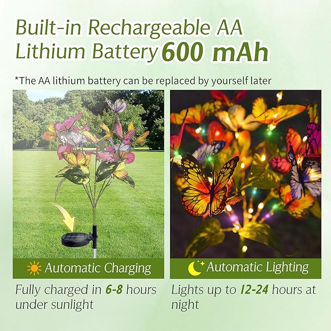 Solar Lights Outdoor,2 Pack Blooming Butterfly Decorations Flowers,Outdoor Waterproof Landscape Lights for Yard Patio Lawn Garden Decor,Gifts for Women Mother's Day