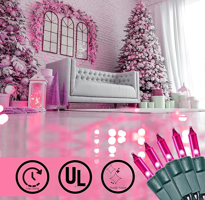 Holiday Essence - Pink Christmas String Lights 100 Mini Fairy Lights Set Green Wire 20.6 Ft Traditional Valentines Easter Holiday Décor for Home Christmas Tree Bedroom Patio Wedding Decoration